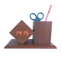 

Amazan hot sell bamboo wooden clock and penholder wood clock with pen holder Multi Purpose led wooden pen holder with clock