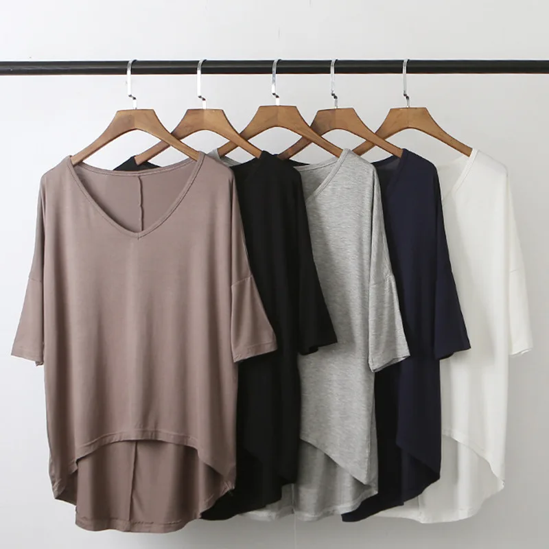 

2021 new modal bat sleeve medium sleeve women's t-shirts Korean V-neck solid large bottomed women clothing, Picture color