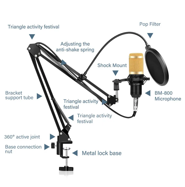 

BM800 USB Streaming PC Microphone Professional 192kHz/24Bit Studio Cardioid Condenser Mic Kit