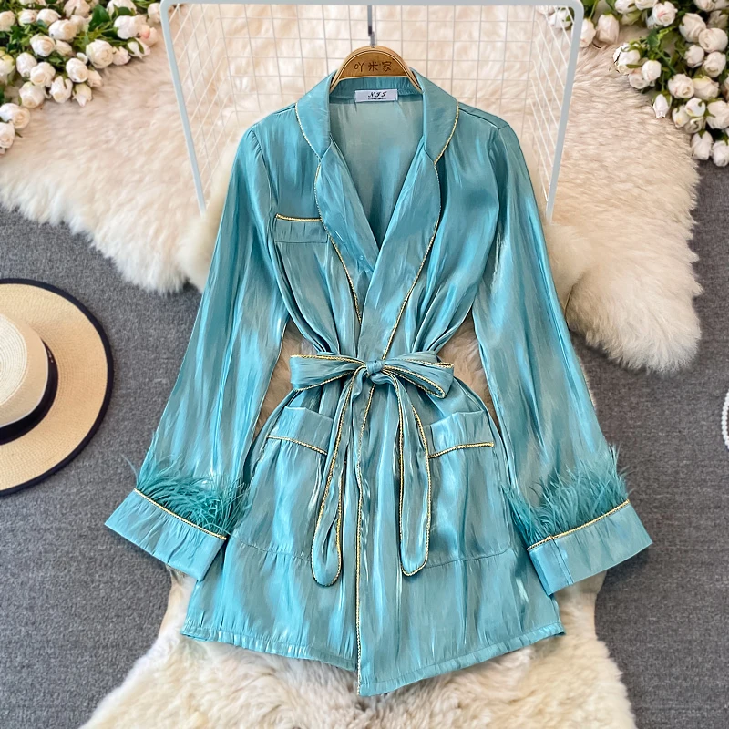 

Wholesale Socialite Style Long Sleeve Cardigan Shirt Dress Mid Length Loose High Waist Dress Lady's Long Sleeve Fur Dress