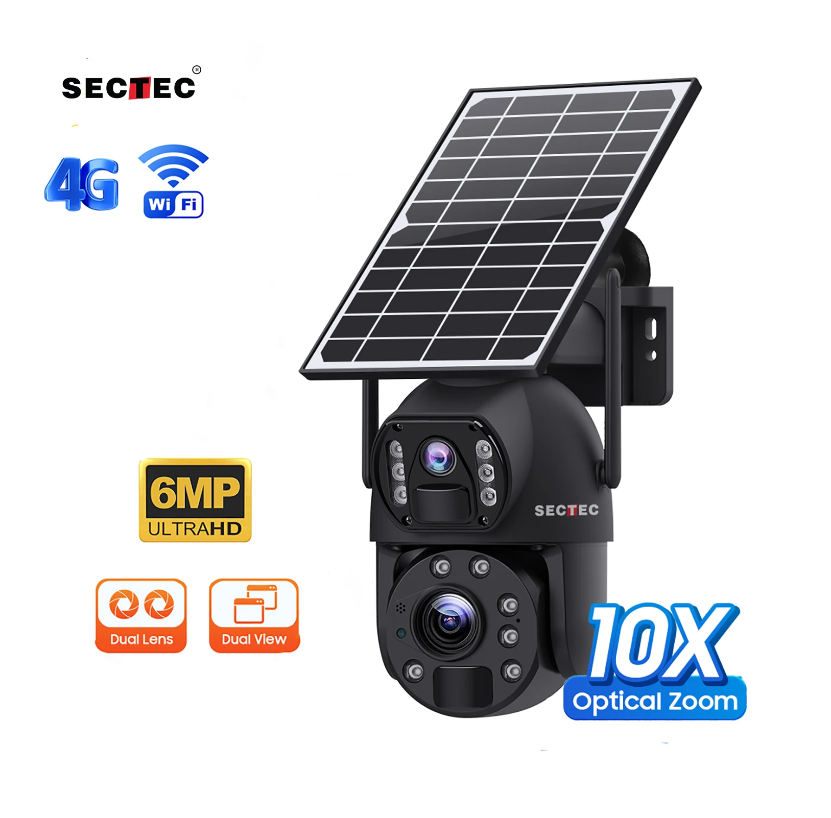 

Latest 4G Solar Camera Dual Lens Human tracking Low Power 10X Optical Zoom 6MP HD Waterproof IP66 4G GSM Network PTZ CCTV Camera