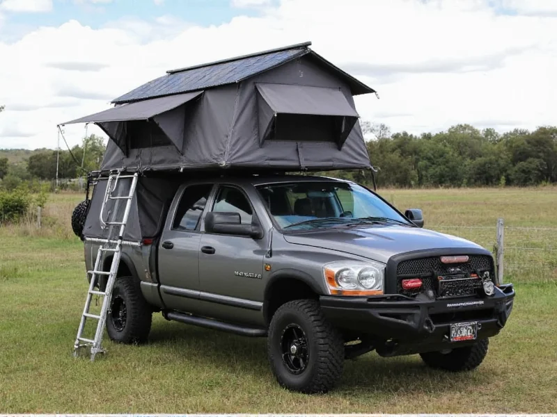 Custom homemade pickup camper with rooftop tent and solar panels
