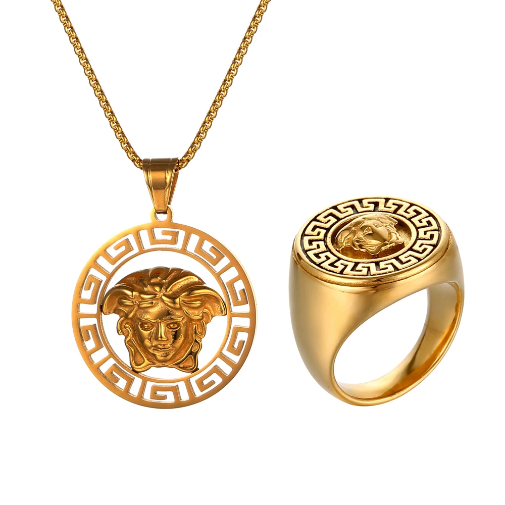 

High Quality 18k Gold Plated Stainless Steel Designer Jewelry Custom Famous Luxury Greek Medusa Necklace Ring Jewelry Set