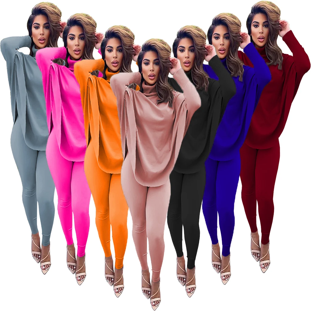 

In Stock Woman Clothing Candy Color Turtleneck Long Sleeve T-shirt Tight Women Knit Rib Two Piece Set