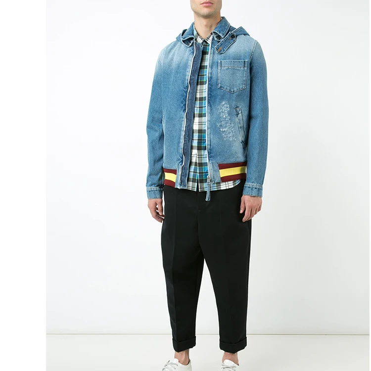 

Custom Long Sleeve Jean Distressed Hoodie Denim Jacket Men, Custom color