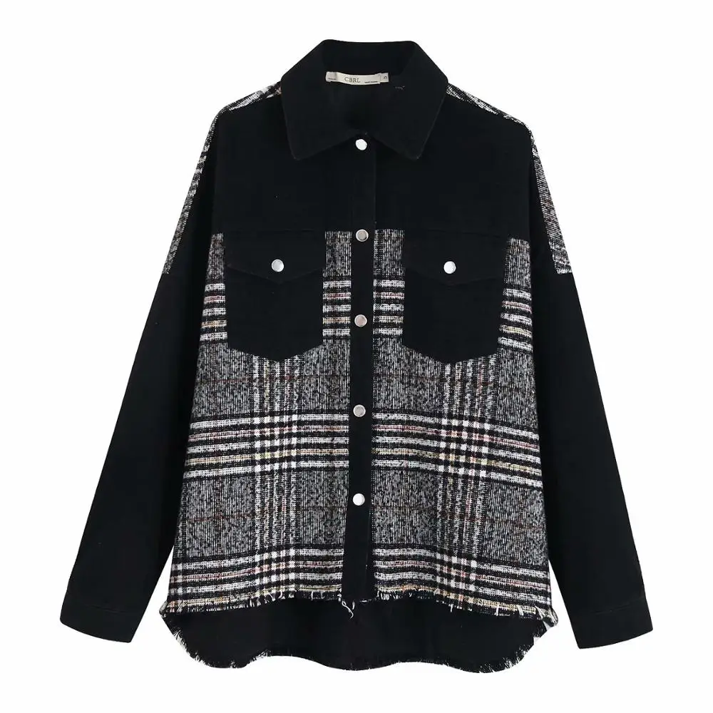Casual oversized design high street tweed patchwork denim jacket women fall jeans coats