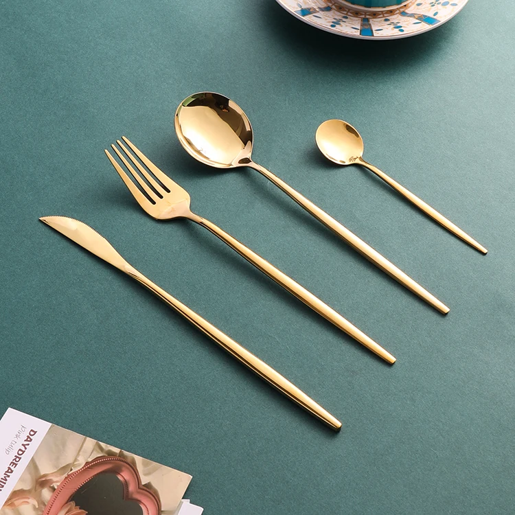 

Hot sale metal silverware kitchen 24pcs stainless steel flatware tea coffee round spoon set reusable wholesale gold cutlery set, Colorful