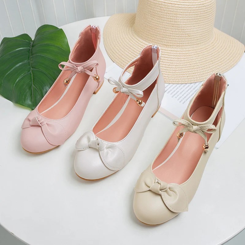 

New Round-headed Bowknot Back Zip Lady Shoes, White/ecru/pink