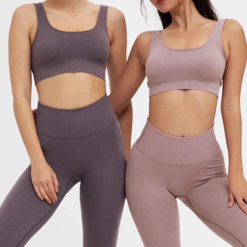 

Wholesale New Ribbed Two pcs Set Gym Wear Seamless Yoga Women'S Sports Set Ribbed Top Bra And Ribbed Pants, 9 colors