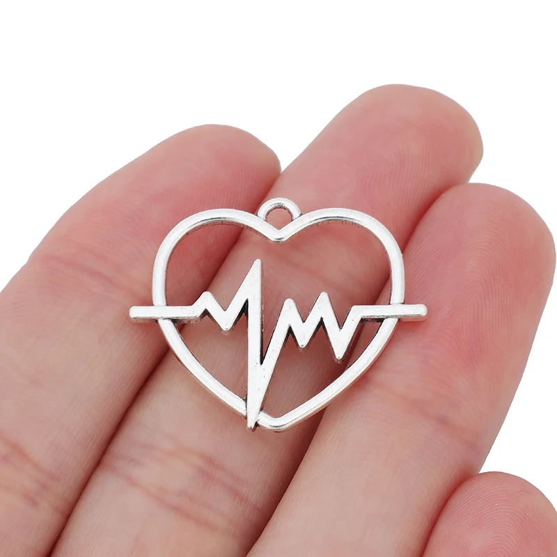 

Antique Silver Heartbeat Heart Charms Pendants Beads 2 Sided for DIY Necklace Jewelry Making