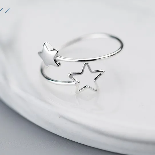 

European Hotsale Open Cuff 925 Sterling Silver Star Rings Adjustable Double Star Opening Rings For Gifts