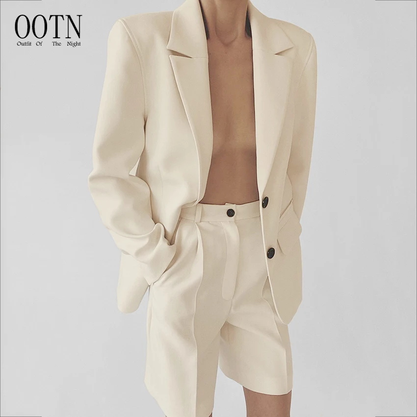 

OOTN Beige Office Fashion Oversize Coat Straight Shorts Female Autumn High Waist Slim Work Wear Short Pants Two Piece Suit Set