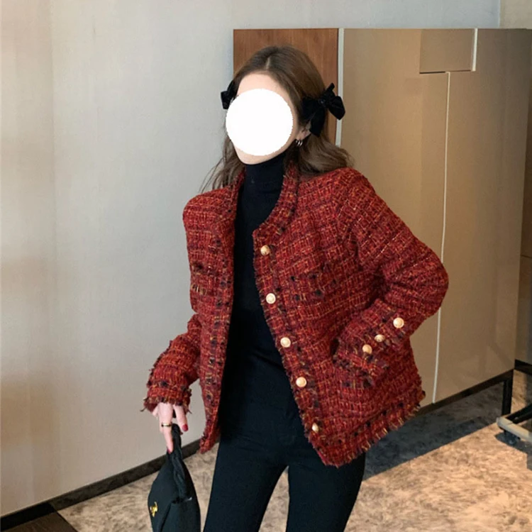 

Korean Style Winter Fashionable Women Luxury Cropped Tweed Trench Jacket Coat