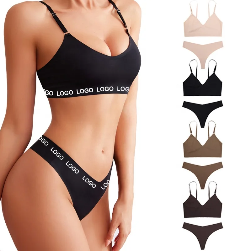 

Vintage Wireless Bra Underwear Adjustable Straps Bra And Thong Set Solid Color Custom Bra And Panty Set For Home Wear