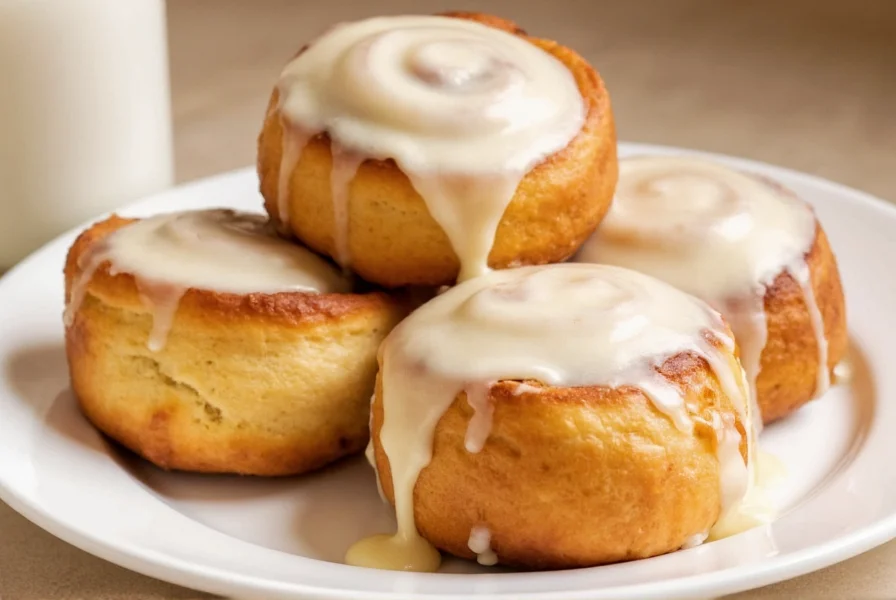 Close-up of golden brown store-bought cinnamon rolls with melted cream cheese frosting dripping down the sides on a white plate