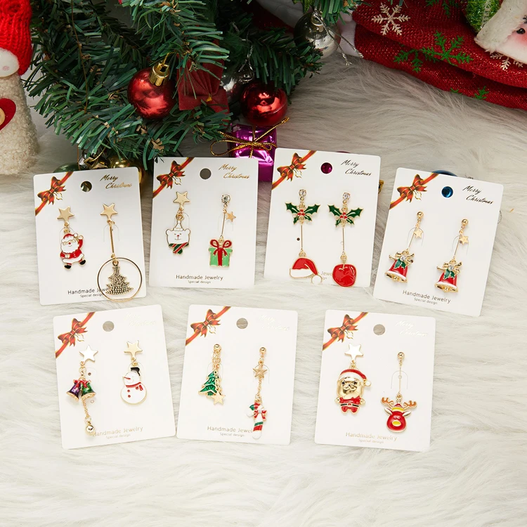 

Mixed batch 2021 new Christmas decoration earrings colorful enamel antlers snowman asymmetric hair ball pendant earrings