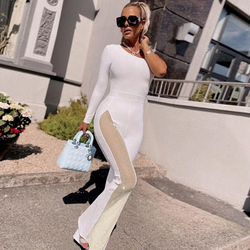 

2021 Factory New Arrivals Women's Jumpsuit One-shoulder Long-sleeved Sexy Mesh Stitching Flare Ladies Fashion Jumpsuit Club