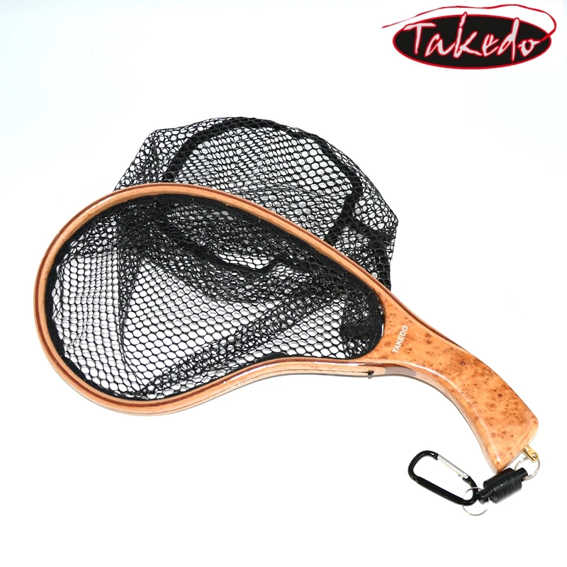 

TAKEDO Fly Fishing Landing Net Soft Rubber Mesh Trout Net Waterproof Wooden Handle Catch and Release Net