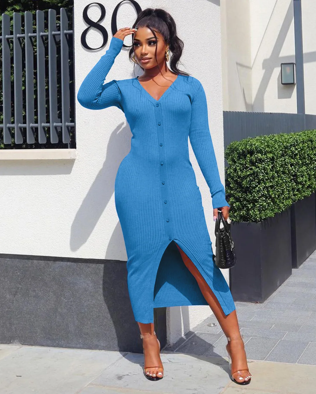 

Fall Winter 2021 Knitted Elegant Casual Dresses Ladies Women Long Sleeve Satin Dresses