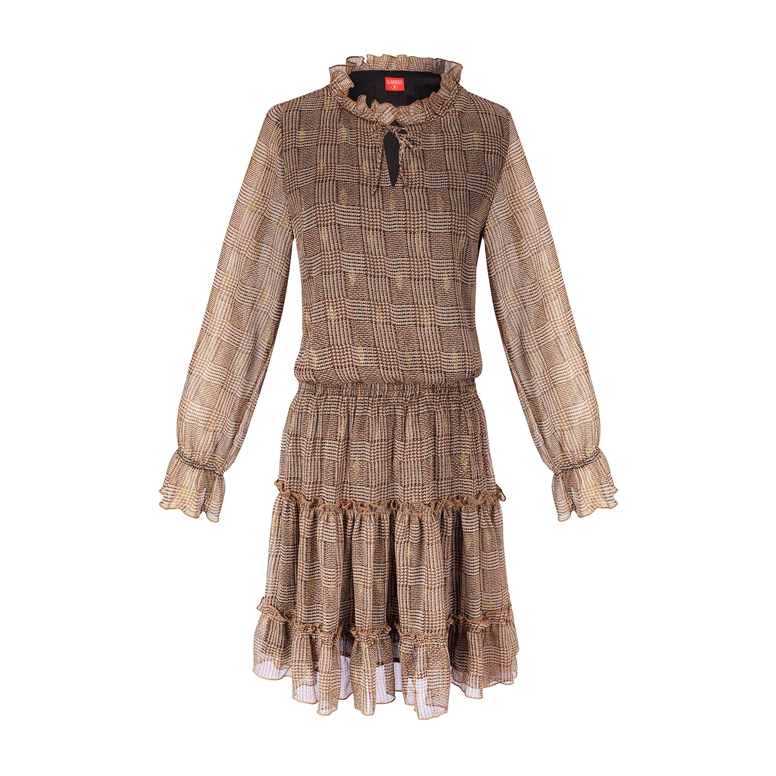 

2020 Autumn Ruffled Fit Long Sleeves Chiffon Knee-Lenght Printed elegant lady Women's Casual Dresses European, Pic