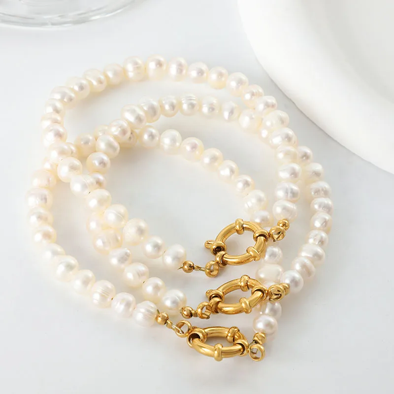 

18K Gold Plated Flower OT Clasp Handmade Stainless Steel Irregular Baroque Natural Freshwater Pearl Bracelet