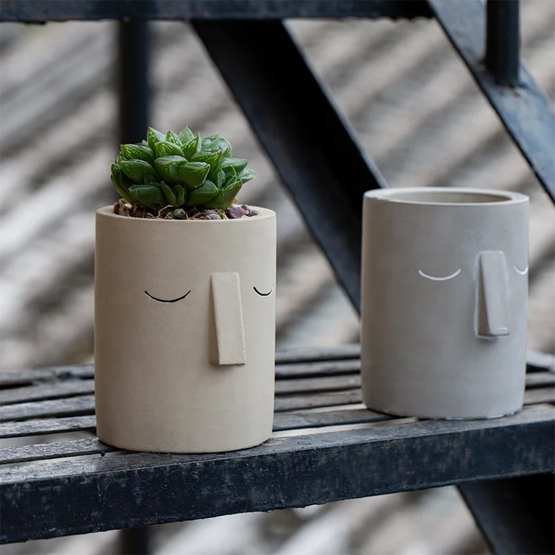 

European-style cement flower pot abstract human face simple literary white indoor succulent green plant pot