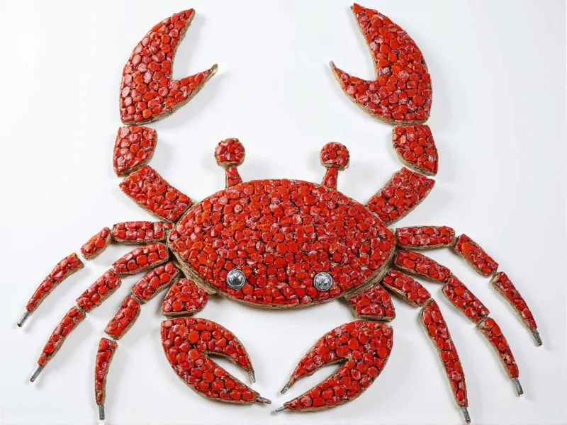 Recycled crab sculpture made from bottle caps and cardboard