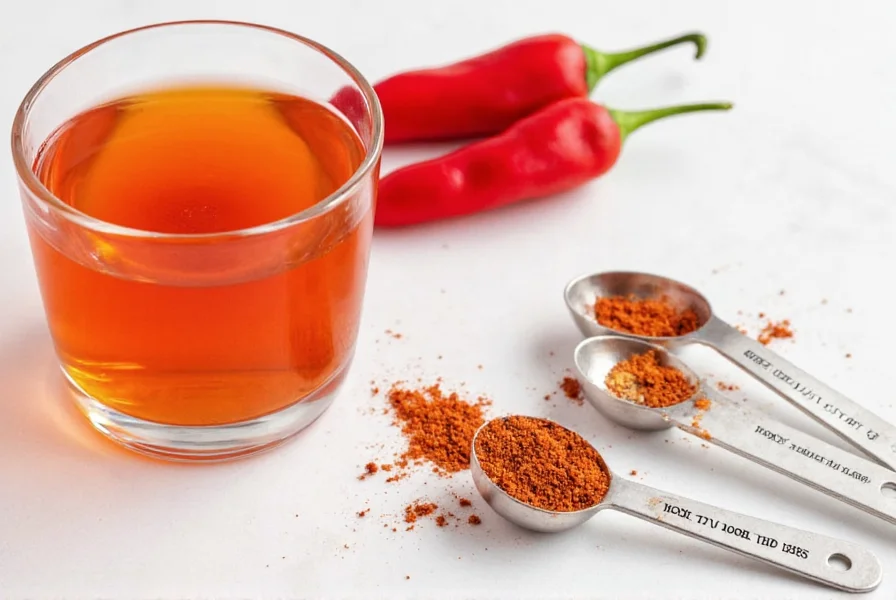 Glass of cayenne pepper water next to fresh cayenne peppers and measuring spoons showing proper dosage