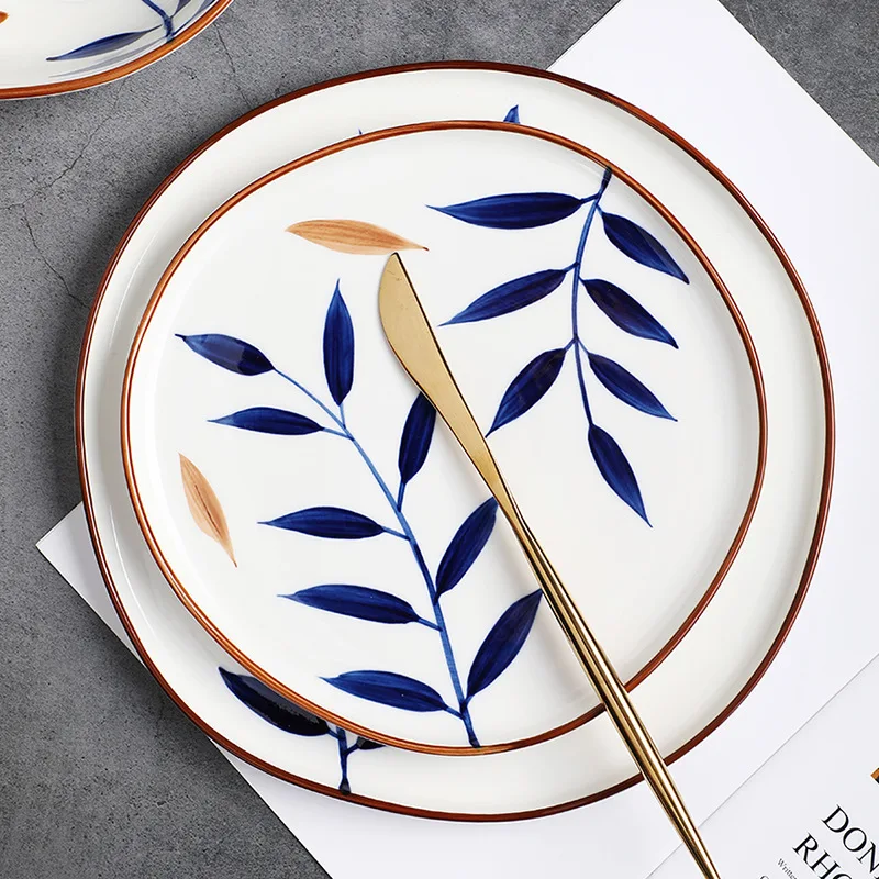 

Hand printed ceramic plates leaf design porcelain dinner set, Same as the picture