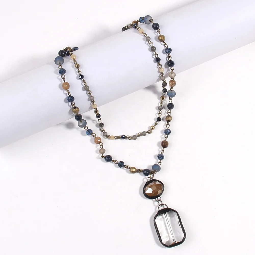 Fashion Women Gift Bohemian gemstone Jewelry Accessory 4mm 6mm 2 Layer Stone Crystal Rosary Chain Glass Pendant Necklace