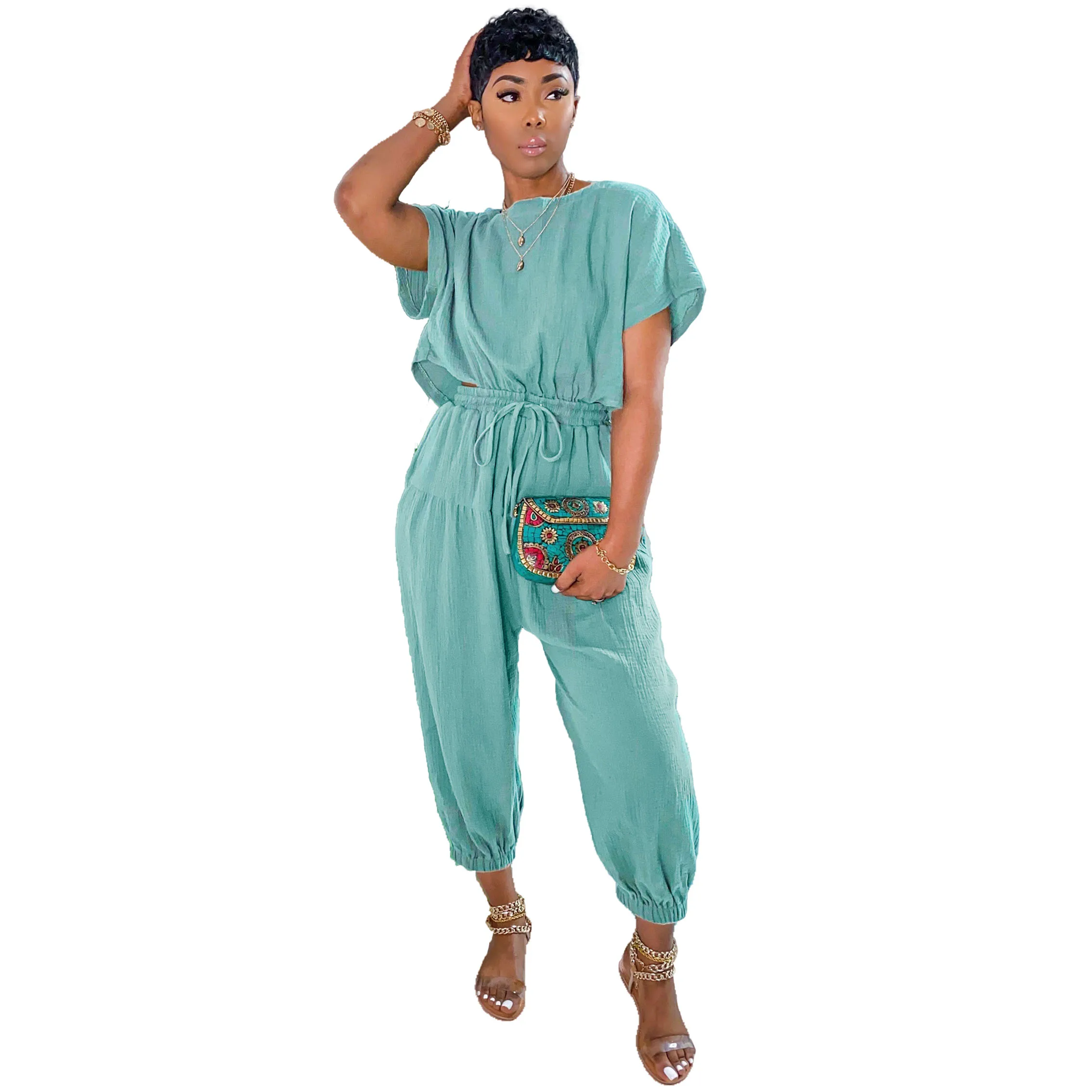 

RaHB876 women sets two piece 2021 new arrivals short sleeve leisure wear girls loose sleepwear top+pants, Shown