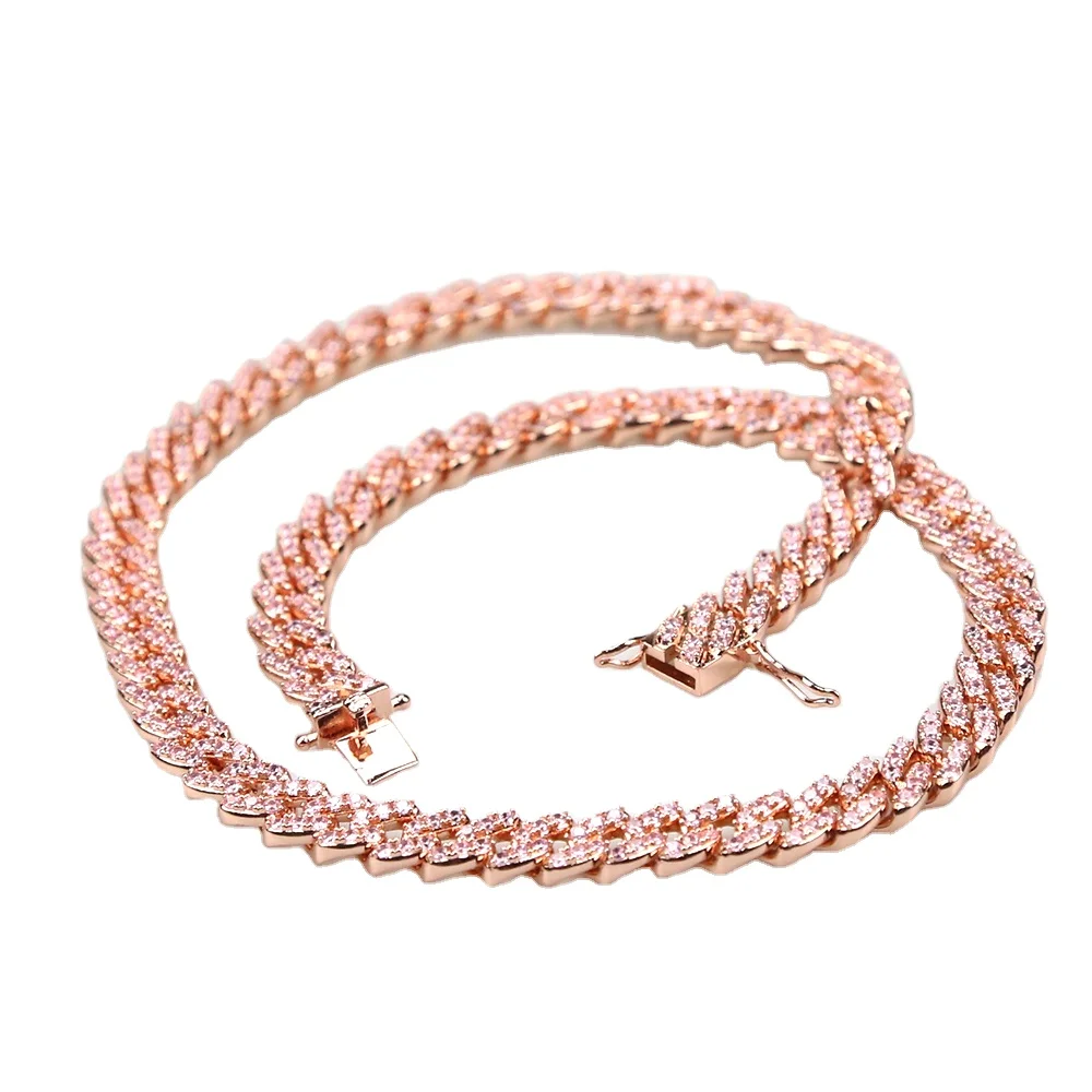 

9mm Hip Hop Colorful Pink Zircon Cuban Link Chain Necklace