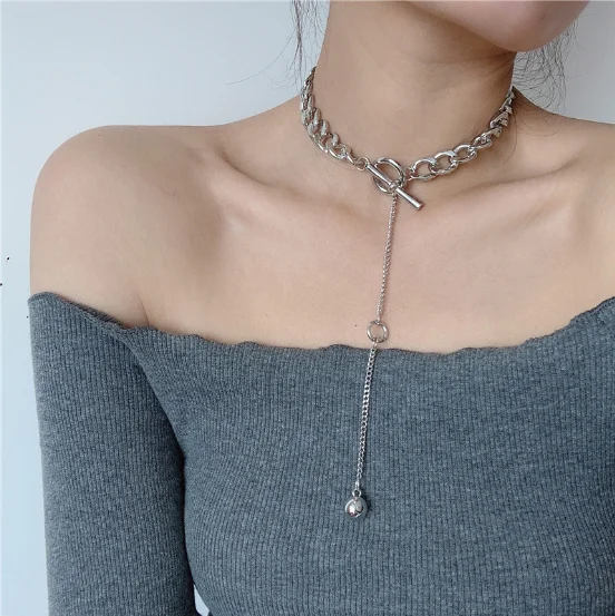 

Elegant Chunky Chains Necklace Silver Tiny Ball Pendant Necklace Double Collarbone Choker Cuban Link Collar Chain For Disco