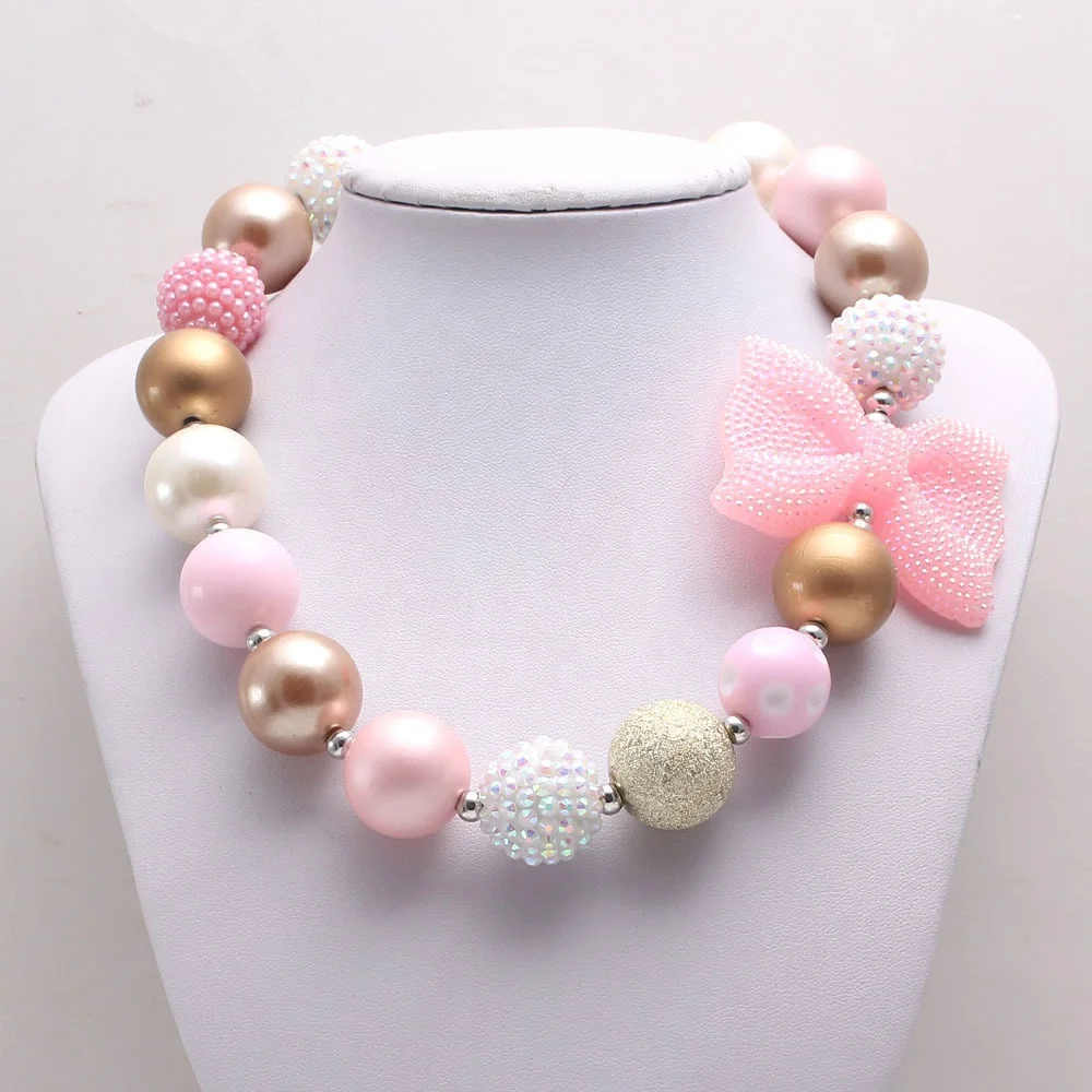 

New style Full Diamond Resin Bowknot Children Beaded Necklace Kid Colorful Bow Necklace For Party Gift, 1 color