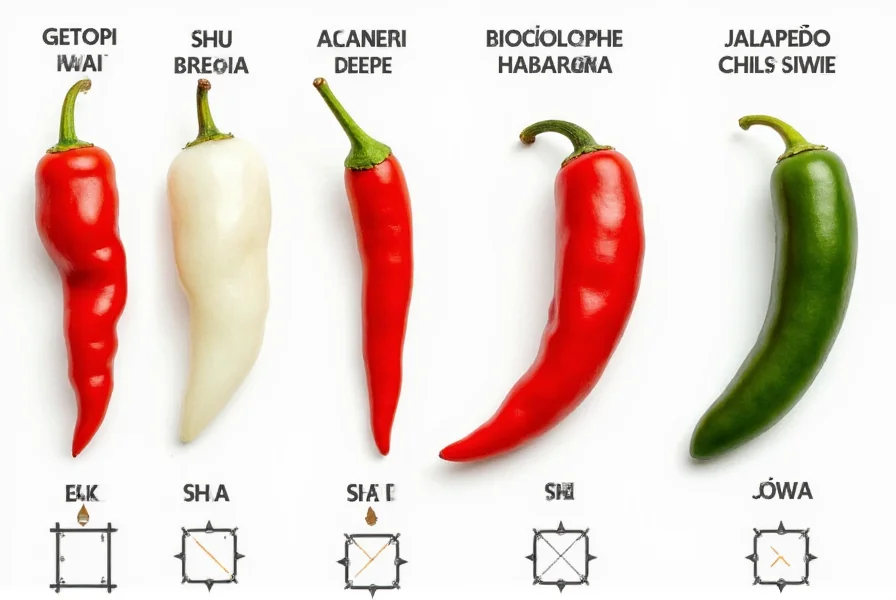 Side-by-side comparison of various chili peppers including ghost pepper, habanero, and jalapeño with SHU indicators