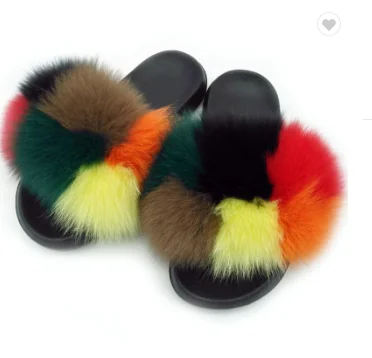 

2021fur slides custom raccoon fox faux fur slide sandals Custom Women Fashion kids Fur Slides