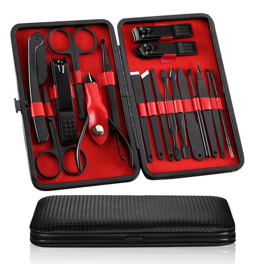 

amzon hot black 18pcs manicure Pedicure set Nail Clippers stainless steel Portable Travel grooming kits for men and women, All color is available