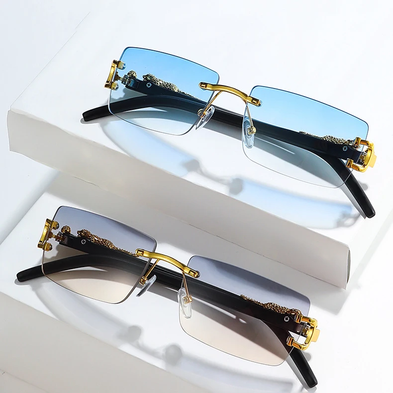 

40059 New Rimless Rectangle Vintage Metal Leopard Head Sunglasses Fashion Frameless Tinted Glasses Shades For Women Men
