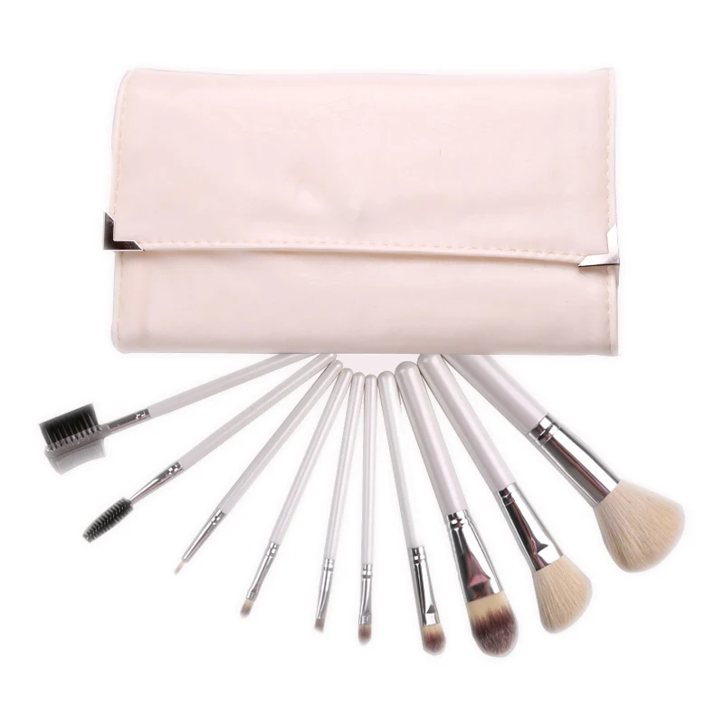 

10pcs white goat bristle make up brush set with leather bag, Customized color