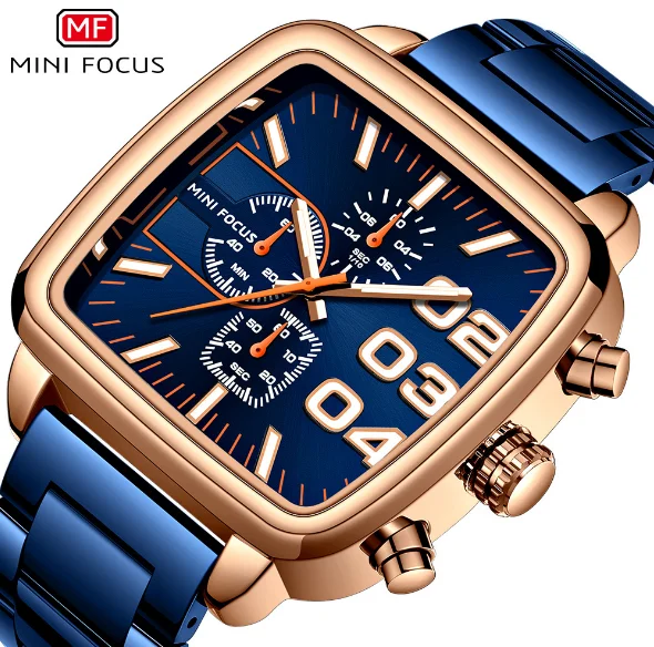 

MINI FOCUS MF0314G wholesale blue mens quartz watch 2019 steel Strap square Chrono character casual reloj watch