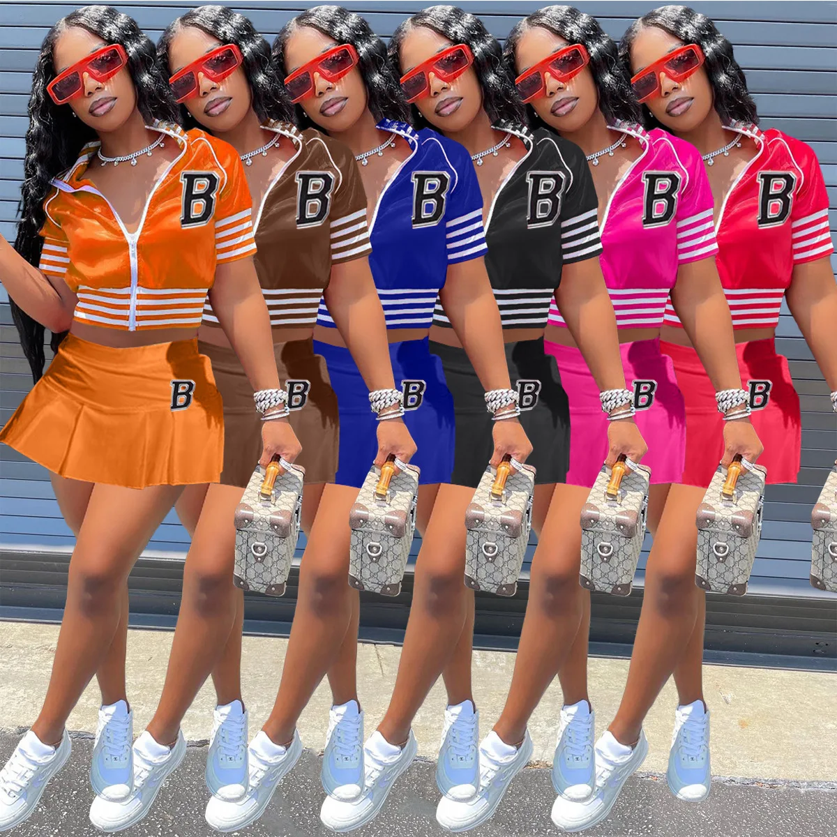 

2022 Summer Women Clothing Mini Skirt And Short Sleeves Coat Baseball Uniform Tracksuit 2 Piece Skirt Sets, Orange, red, black, rose,blue,brown