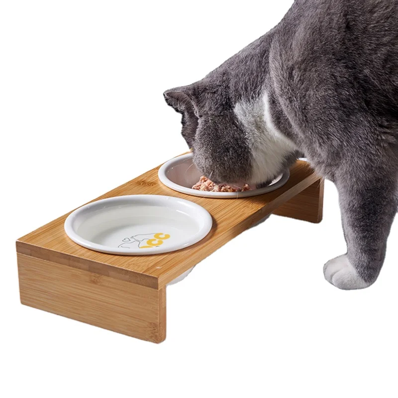 

Stand-up bamboo double bowl drinking eating dog bowl set non-slip cervical spine protection dog bowl set