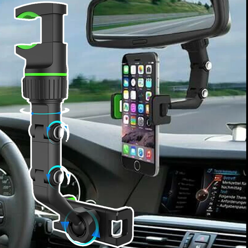 

360 Rearview Mirror Phone Holder, Universal 360 Degrees Rotating Car Phone Holder, Car Rearview Mirror Mount Phone GPS Holder, Black,green