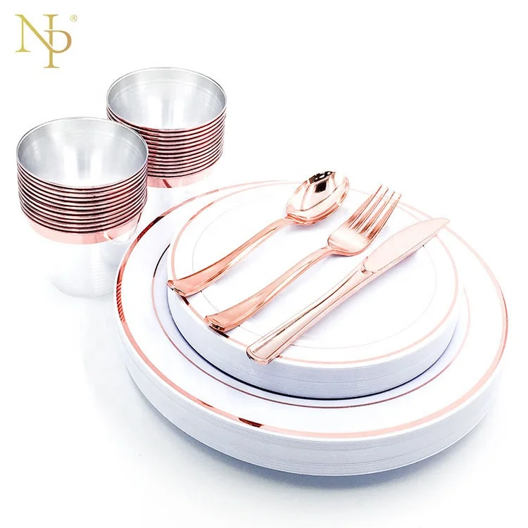 

Nicro Elegant Rose Gold Theme Wholesale Cheap Reusable Decorative Wedding Dinner Party Rose Gold Plastic Plates Set Dinnerware