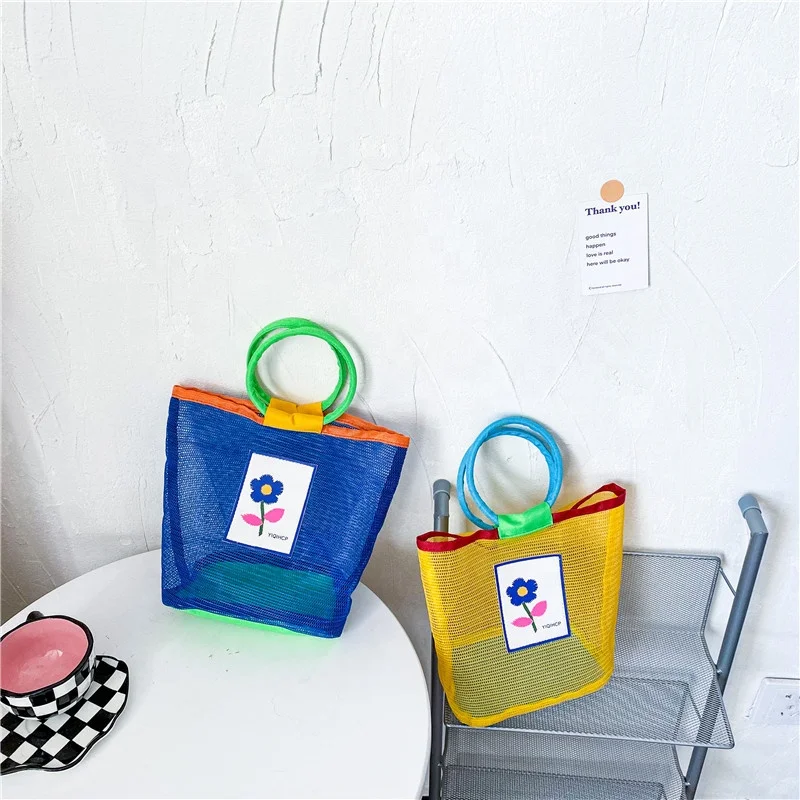 

Children's bags summer mesh handbag fashion hollowed-out small flower girl tote vacation photo fishnet beach bag, Blue, yellow