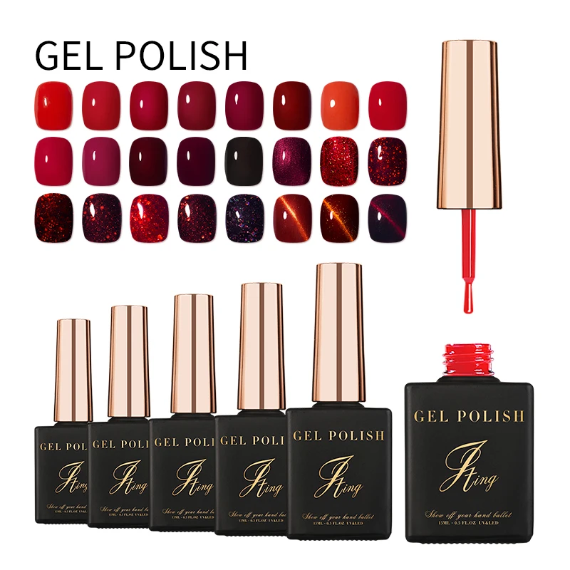 

JTING 2021 new year style red series 24 colors nail polish uv gel set oem custom 15ml square nail gel polish bottle