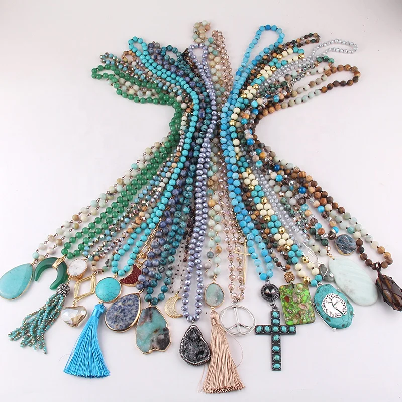 

Women Blue Style Necklace 20pc Different Design Mix Natural Stone Necklace Crystal Glass Drop Tassel Necklace jewelry set