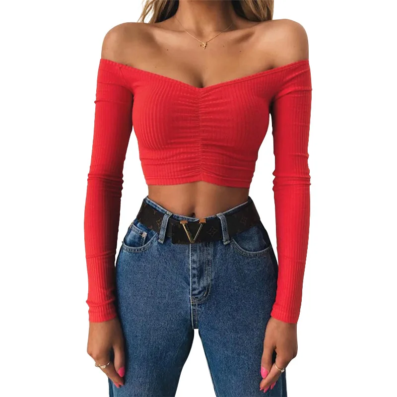 Women's Off shoulder Long Sleeve Unique Slim Fit Cross Wrap Shirts Crop Tops