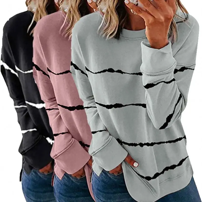 

Wholesale Autumn Winter Striped Printed Crewneck Long Sleeved Pink Sweatshirt Women