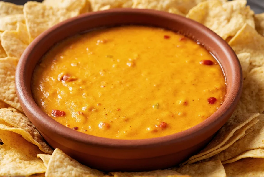 Authentic homemade chili con queso recipe served in a clay dish with tortilla chips arranged around it, vibrant orange cheese dip with visible diced peppers